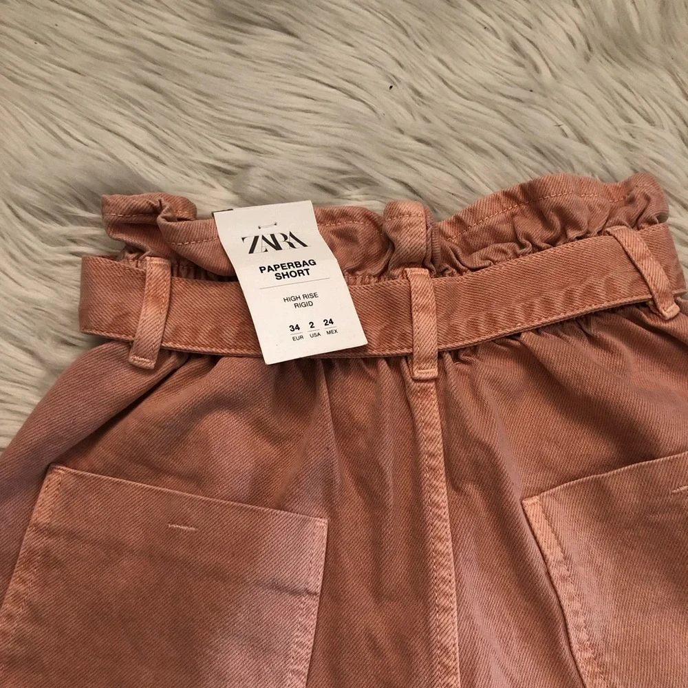 Zara High Waist Paperbag Pink Denim Womens Shorts with Belt size 2 (34)